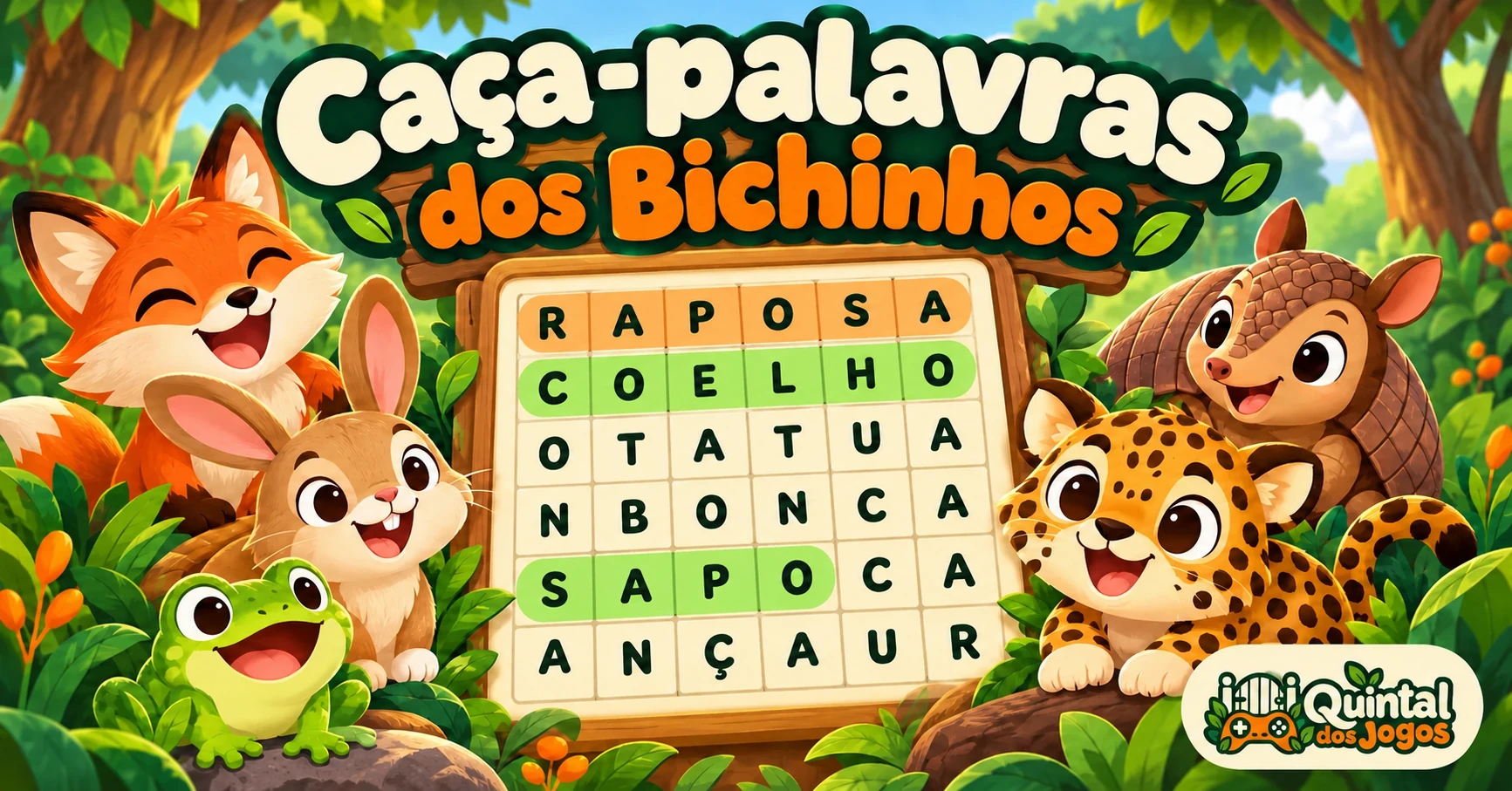 Tabuleiro de caça-palavras com animais e o logotipo do Quintal dos Jogos.