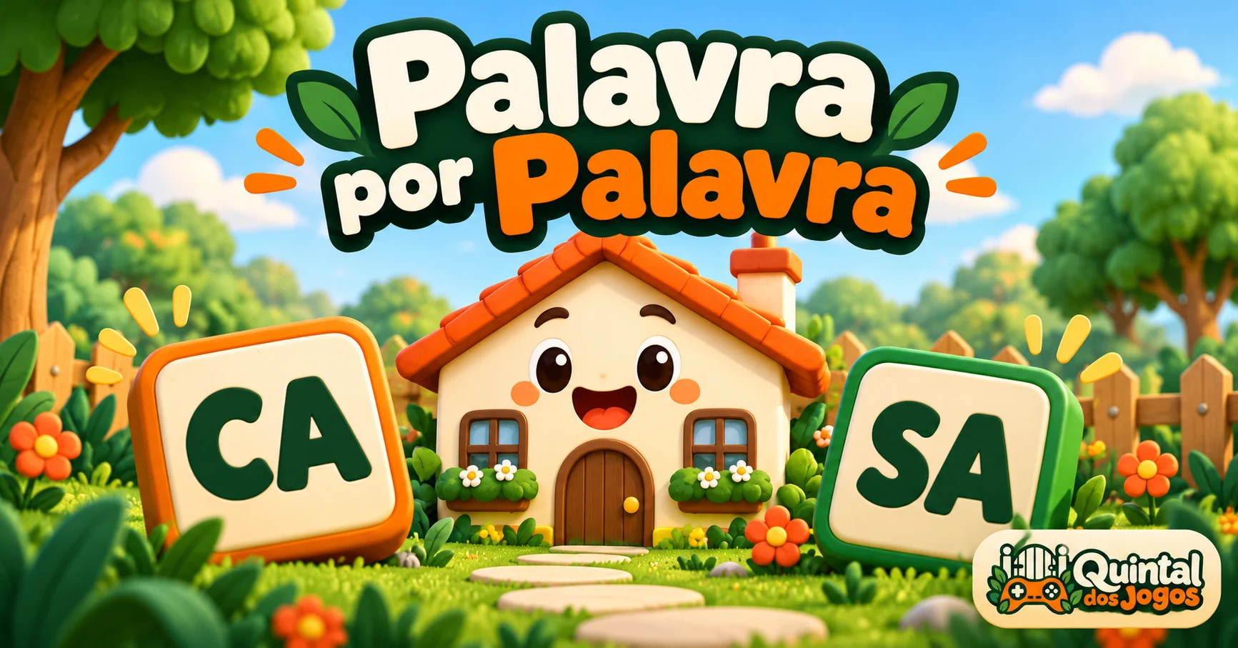 Blocos de sílabas e uma casinha para aprender palavras, com o logotipo do Quintal dos Jogos.
