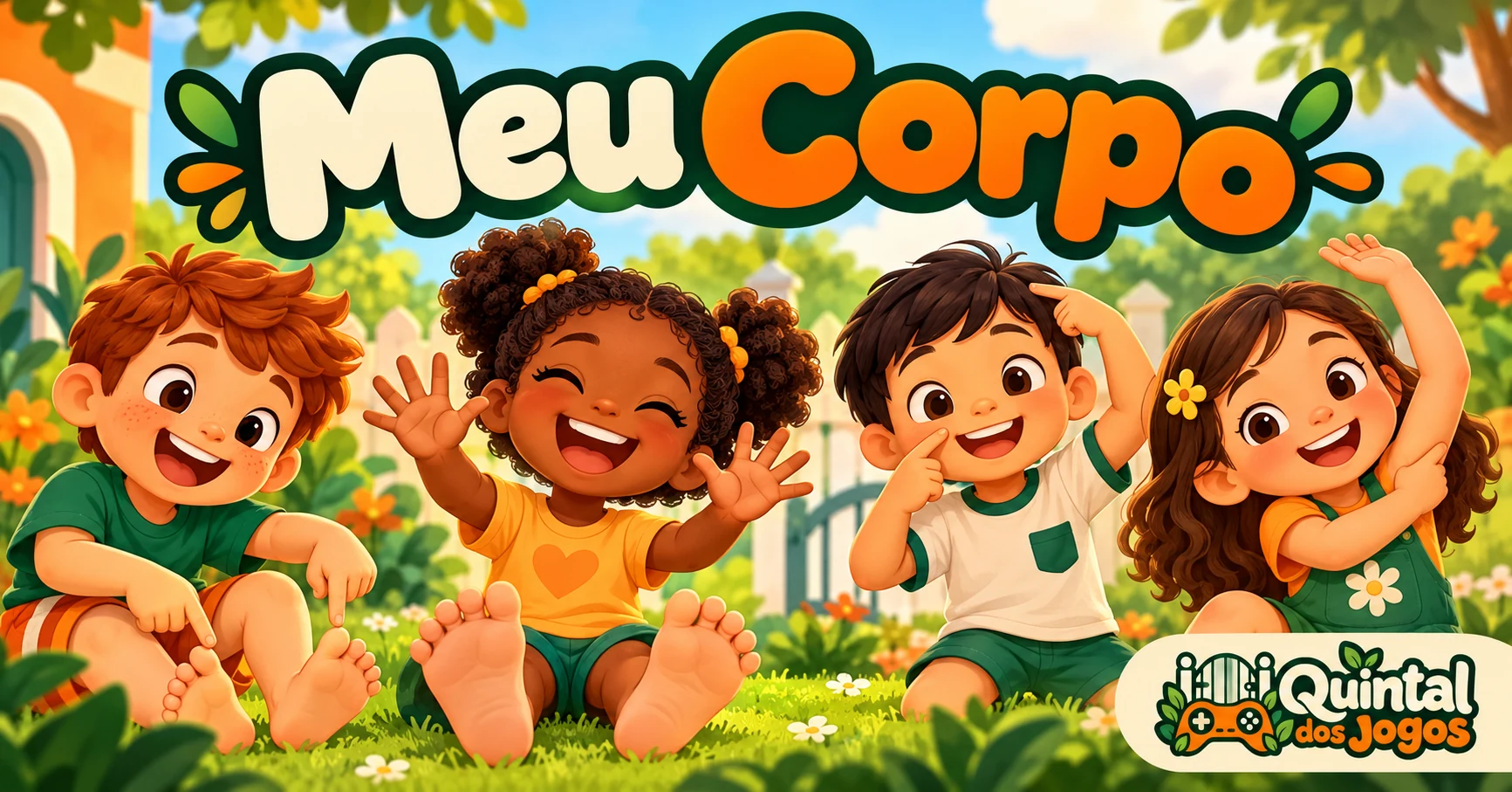 Crianças descobrindo as partes do corpo, com o logotipo do Quintal dos Jogos.