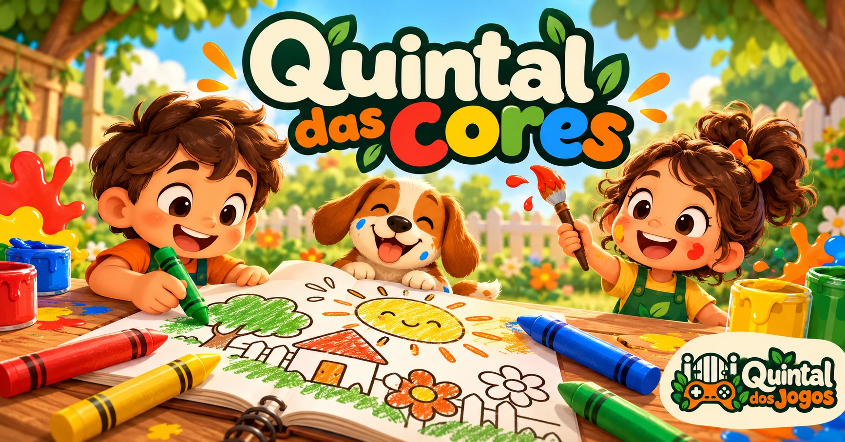 Desenhos, lápis e tintas coloridas com o logotipo do Quintal dos Jogos.