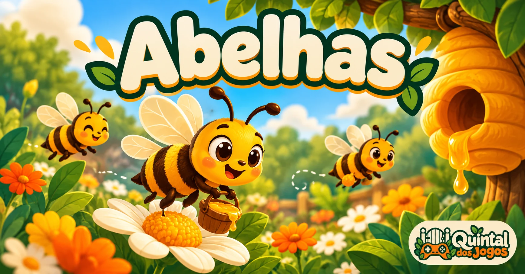 Abelhas entre flores e uma colmeia, com o logotipo do Quintal dos Jogos.