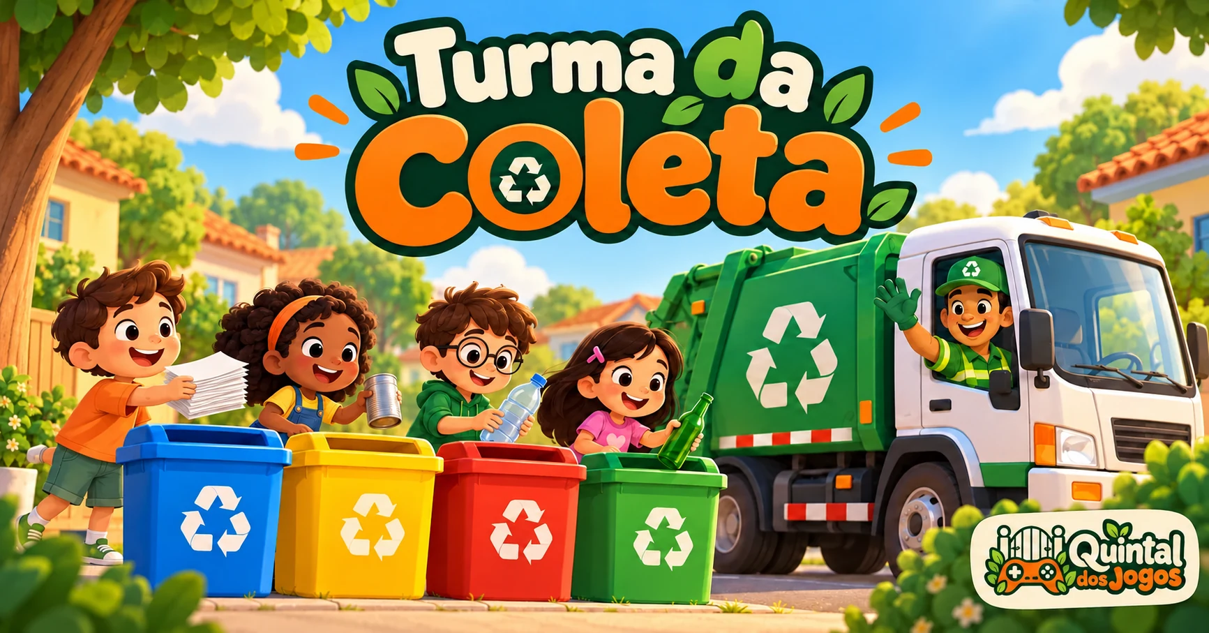 Caminhão de coleta seletiva e lixeiras coloridas no bairro, com o logotipo do Quintal dos Jogos.