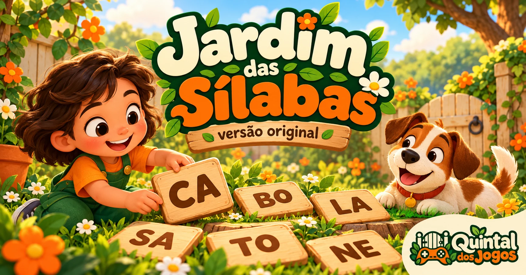 Cartões de sílabas em madeira em um jardim com o logotipo do Quintal dos Jogos.