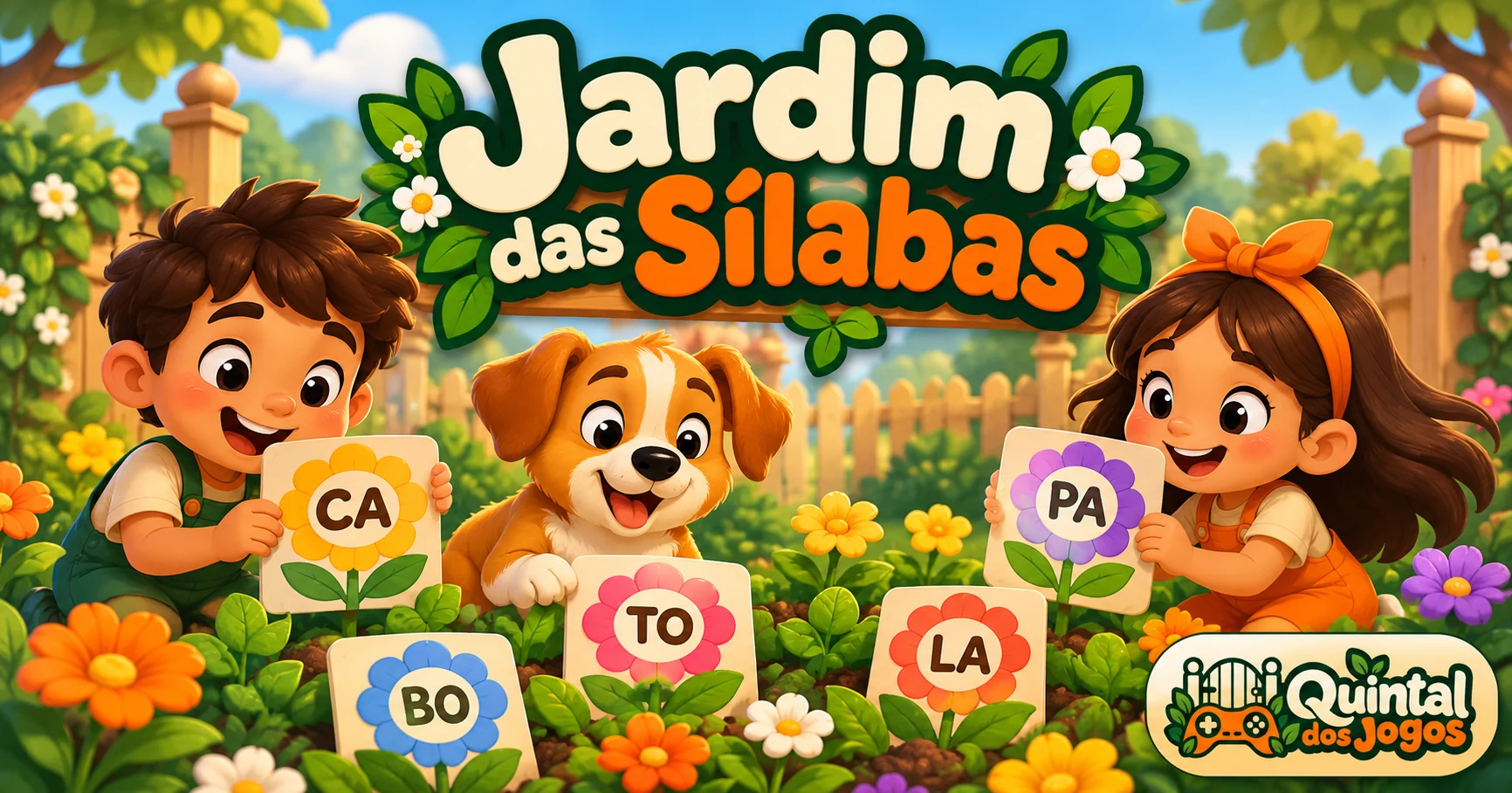Jardim florido com cartões de sílabas e o logotipo do Quintal dos Jogos.