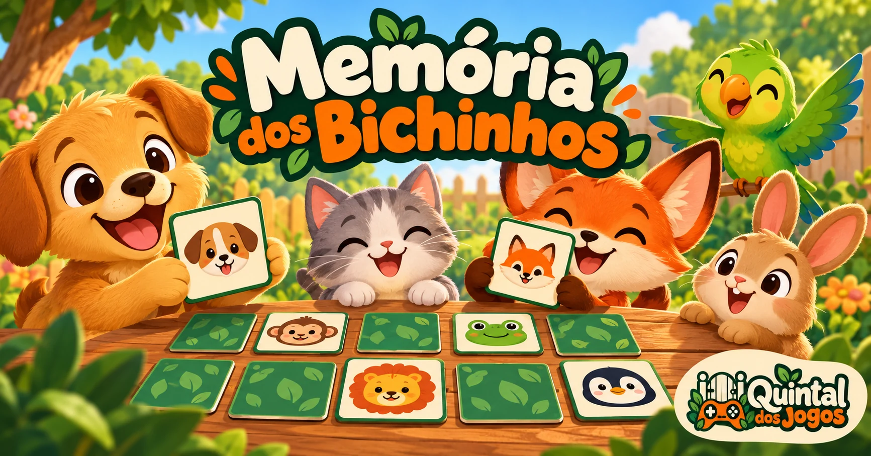 Cartas de memória com pares de animais e o logotipo do Quintal dos Jogos.