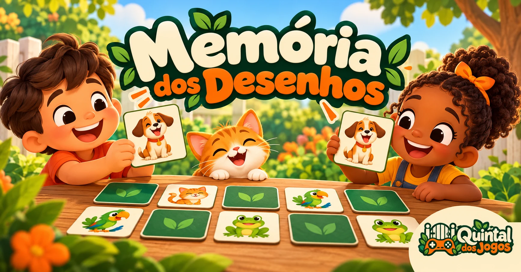 Cartas de memória com personagens ilustrados e o logotipo do Quintal dos Jogos.
