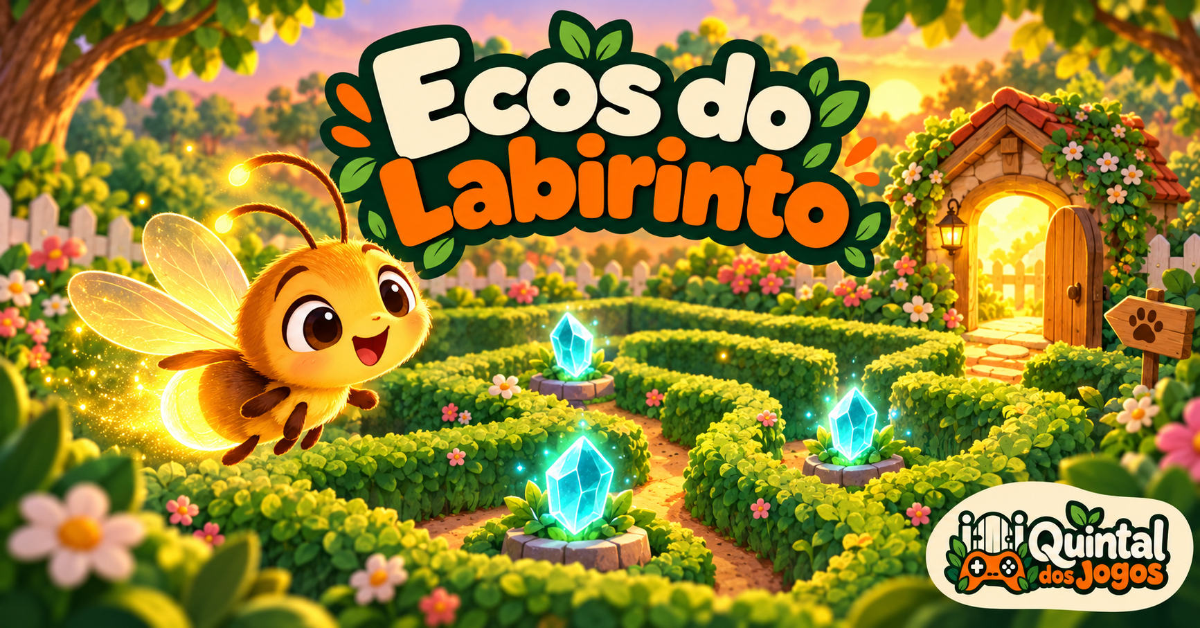 Vaga-lume em um labirinto de jardim com cristais e uma casinha.