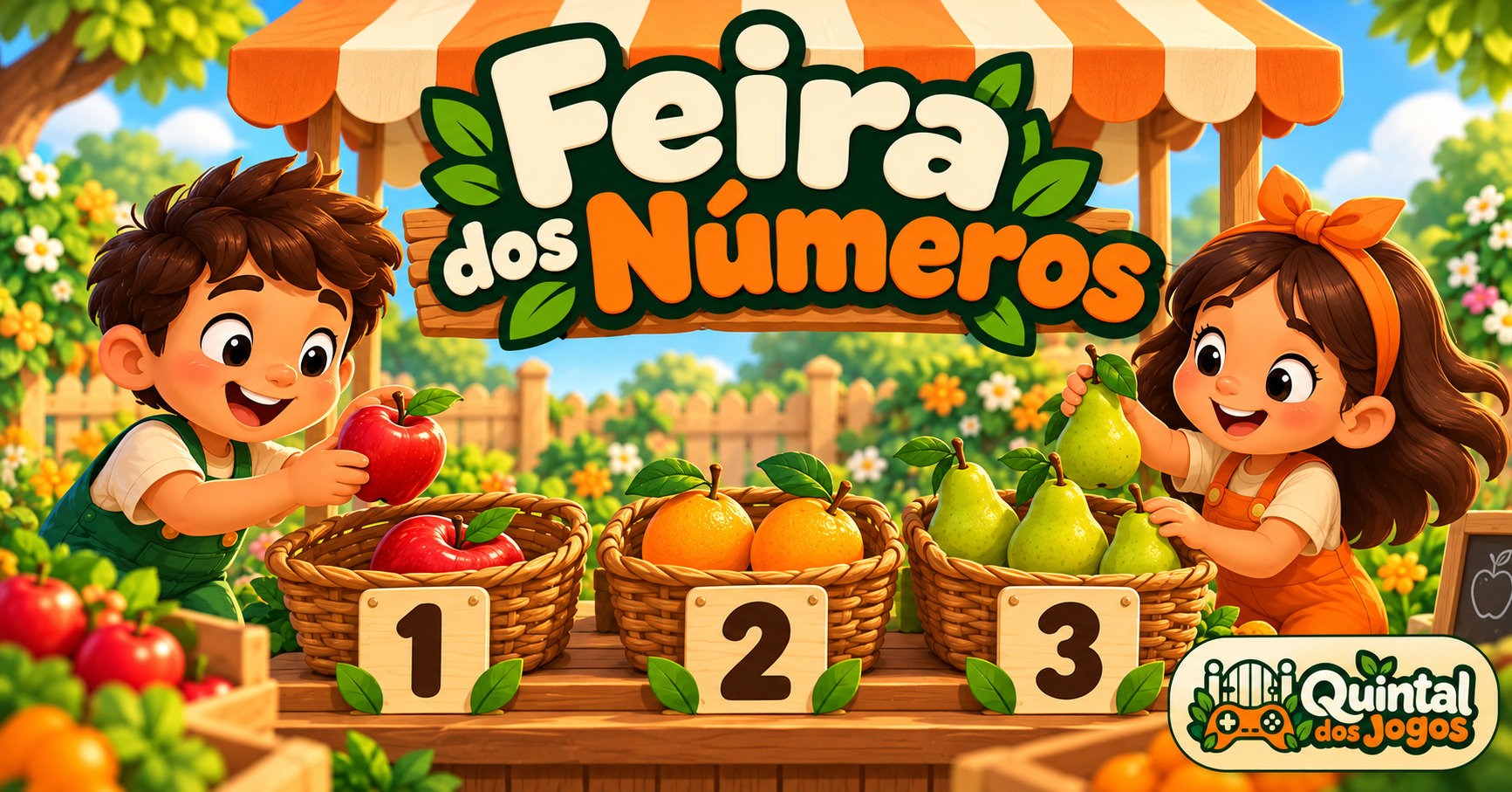Banca de feira colorida com frutas e cestas numeradas para aprender matemática brincando.
