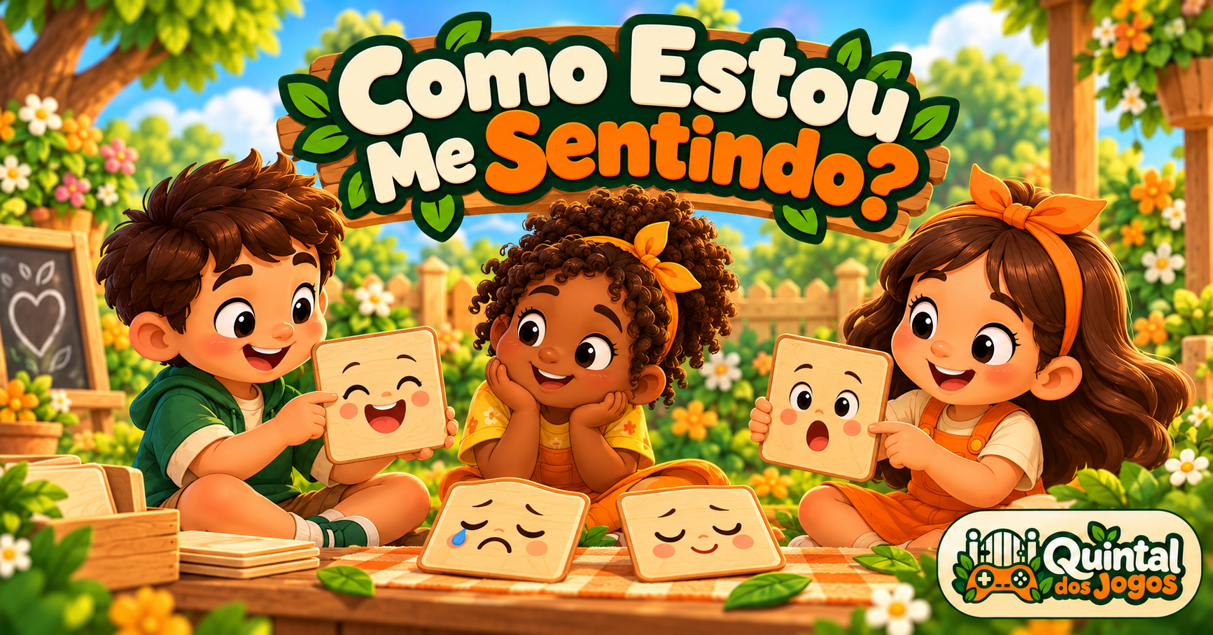Crianças explorando cartões de emoções em um jardim acolhedor.