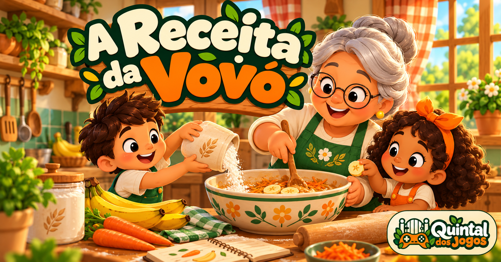 Vovó e crianças preparando uma receita na cozinha.